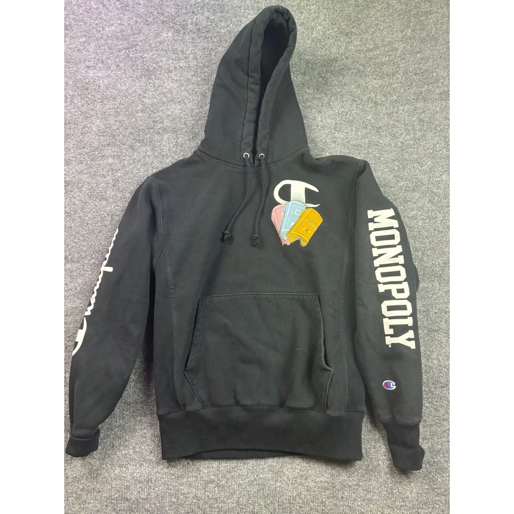 Champion Monopoly Hoodie Mens M Black Reverse Weave Money Graphic Sweatshirt